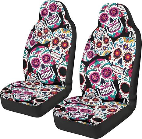 Sugar Skull Car Seat Covers Breathable Front Seat Covers Easy Installation Stretch Polyester Fabric Cover Protection Interior Accessories Universal Fit Most Cars,SUV, Trucks - sugar skull car seat covers set