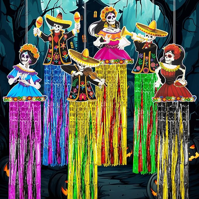 6PCS Day of The Dead Hanging Decorations, 3.3FT Sugar Skull Skeleton Hanging Decor with Colorful Fringe for Día de Los Muertos Mexican Fiesta Party Indoor Outdoor Decor - sugar skull christmas ornament