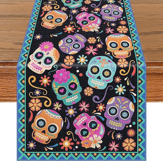 72 x 13 Inches Day of The Dead Table Runner, Colorful Sugar Skull Mexican Table Decor with Blue Border for Día de Los Muertos, Halloween, Taco Night, Cinco de Mayo Fiesta, Mexican-Themed Decorations - sugar skull candle holder