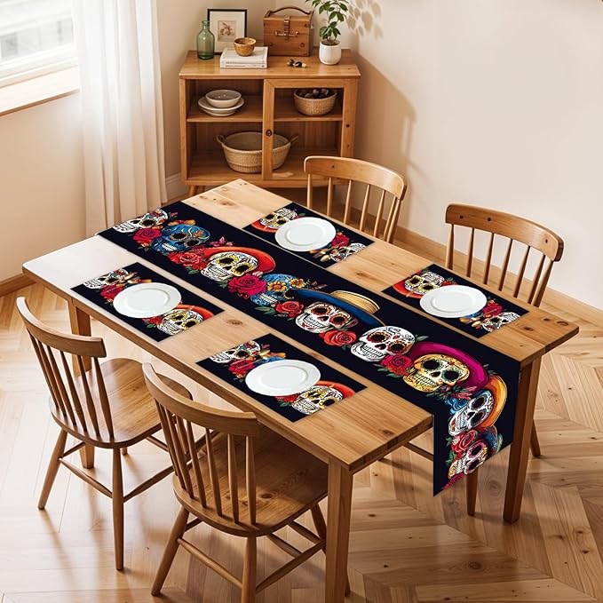 ANNA QUEEN Day of The Dead Skull Halloween Table Runner and Placemats Set of 4, 13"x72" Dia De Los Muertos Table Runner with 12"x18" Placemats, Halloween Dining Decor - sugar skull plates set