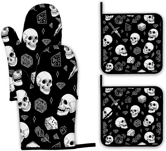 Skull Head Oven Mitts and Pot Holders, Rose Heat Resistant Oven Mitts Gloves and Pot Holder for Home Kitchen Decorations Cooking Baking BBQ Gifts,Set of 4 - sugar skull oven mitts