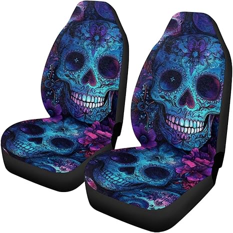 Sugar Skull Flower Print Blanket Car Seat Cover Set for Women,Warmth Water Absorbent Bucket Car Seat Covers for Men,Universal Seat Protectors for SUV Van Truck Sedan - sugar skull car pet seat cover