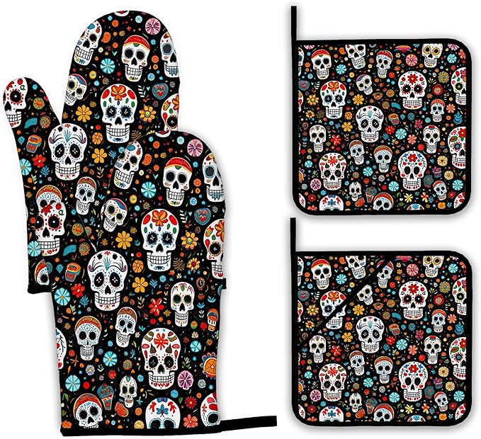 Day of The Dead Skull Mexican Oven Mitts and Pot Holders Set,Flower Kitchen Decor Heat Resistant Non Slip Hot Pads and Oven Mitt for Chef Cooking Baking BBQ Mom Girl Gifts(4 Piece Set) - sugar skull oven mitts