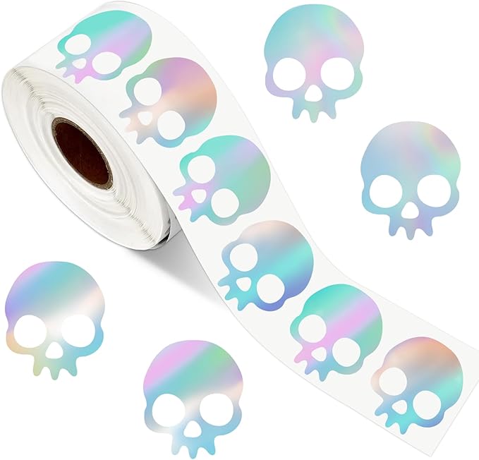 Halloween Skull Stickers Roll Laser Skeleton Paper Decals 1.5 in Holographic lridescent Self-Adhesive Stickers for Teacher Rewards Crafts DIY Gift Wrapping Party Decorations, 500 Pcs - sugar skull vinyl sticker