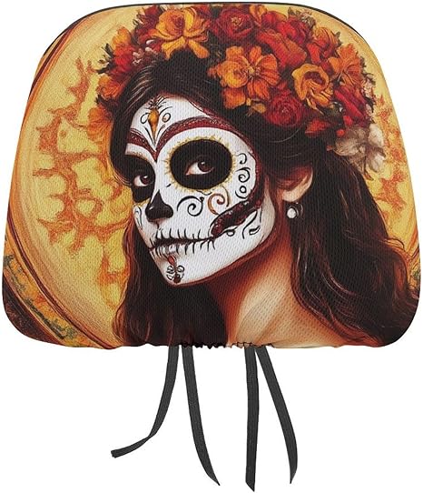 Soft Universal Car Headrest Protector, Fashion Elastic Universal Headrest Covers Mexican Sugar Skull Flower Women Day of The Dead Art - sugar skull car pet seat cover