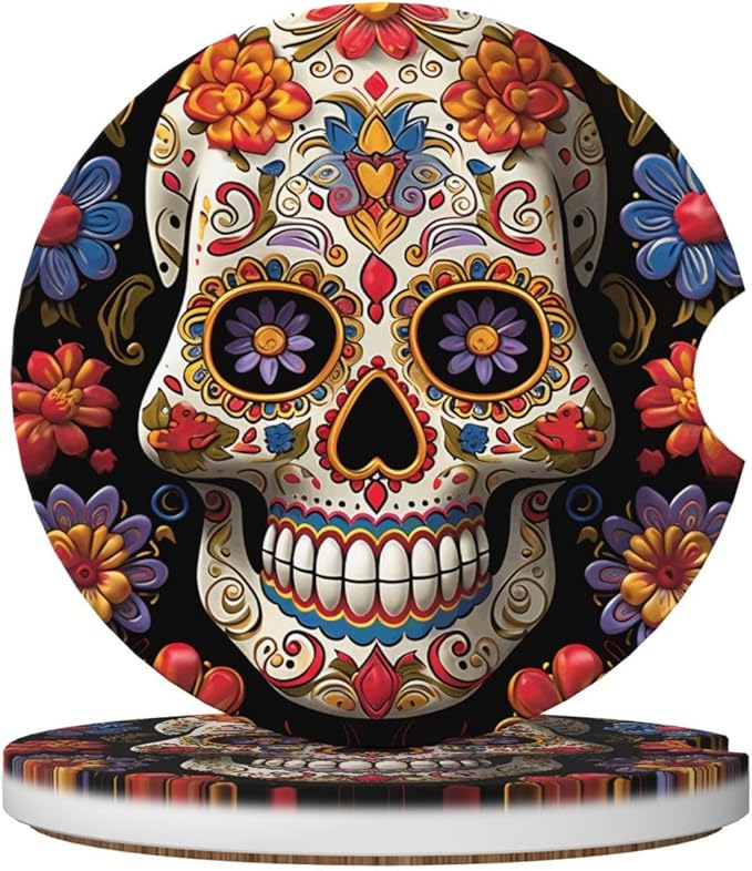 2 Pack Car Cup Coasters,Ceramic Absorbent Car Coaster for Cup Holders Universal Non-Slip Cup Mat with Finger Notch Sugar Skulls Car Interior Accessories 2.56" - sugar skull car floor mats