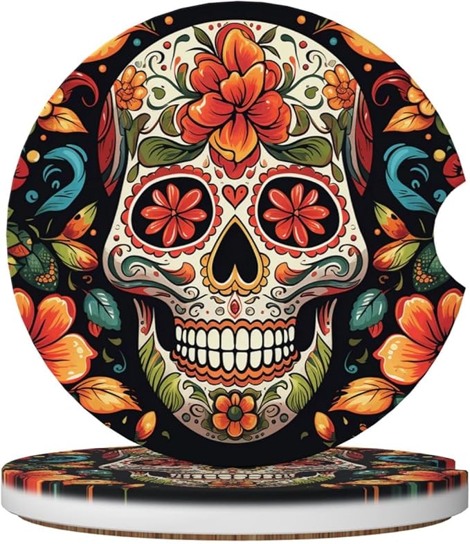 2 Pack Ceramics Car Cup Coaster Colorful Sugar Skull Automotive Cup Holders Coasters Non-Slip Absorbent Auto Cup Pads Universal Car Interior Accessories for Women Men Cup Mat 2.56 Inch - sugar skull car floor mats