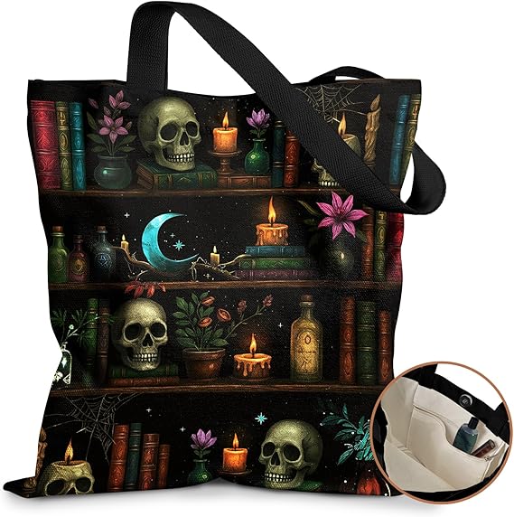 Cute Canvas Tote Bag for Women - with Magnetic Buckle and Zipper Inner Pocket for Girls Aesthetic Cotton Tote Bags - canvas sugar skull tote bag