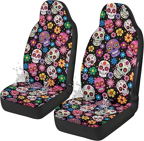 Bulopur Sugar Skull Car Seat Covers Front Seats Stretchy Fabric Waterproof Auto Seat Covers Airbag Compatible Universal Fit for Cars SUV Truck Van Women Girly Auto Interior Decor - sugar skull car seat covers set