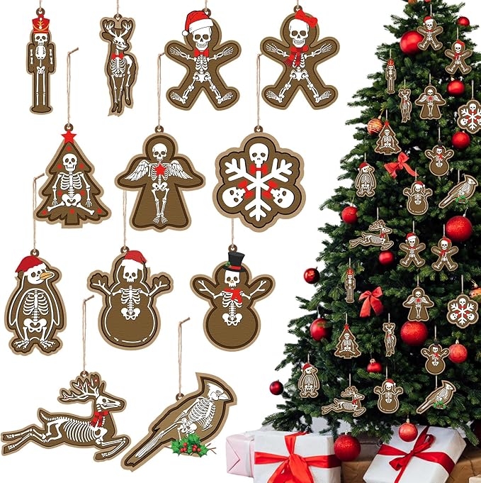 24 Pcs Gothic Christmas Ornaments Skeleton Gingerbread Christmas Tree Decorations Gothic Skull Lamination Wooded Hanging Xmas Decorations for Holiday Halloween Party Supplies - sugar skull christmas decorations