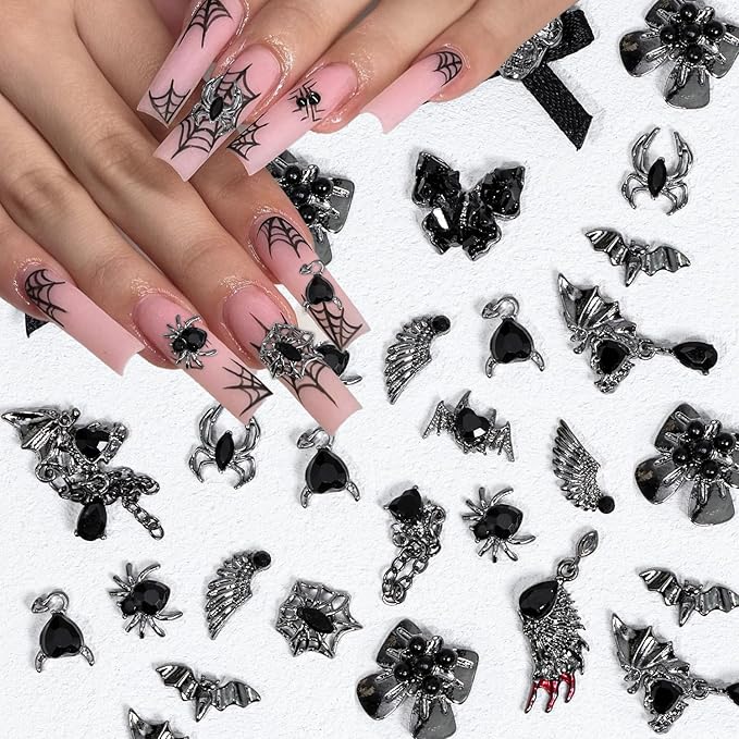 15Pcs Halloween Nail Art Charms Alloy Black Gems Design Goth Nail Charms Horror Heart Spider Wed Butterfly Bat Wings Nail Jewelry 3D Spider Nail Gems Skull Nail Rhinestones Halloween Nail Supplies Set - sugar skull nail art