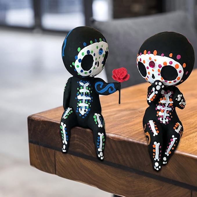 Sugar Skull Couple Figurine - Hand-Painted Day of The Dead Decor, Mexican Día de Muertos Altar Statue, Romantic Gothic Home Decor, Shelf Desktop Display (5.5" Tall) - sugar skull figurine collectible