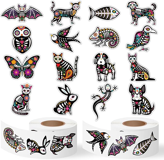 Sugar Skull Animals Roll Stickers - 1000Pcs Dia de Los Muertos Cats Dogs Skeleton Stickers for Kids, Halloween Animal Vinyl Decals for Christmas Guitar Skateboard Home Decor Party Favors Gift - sugar skull temporary tattoo