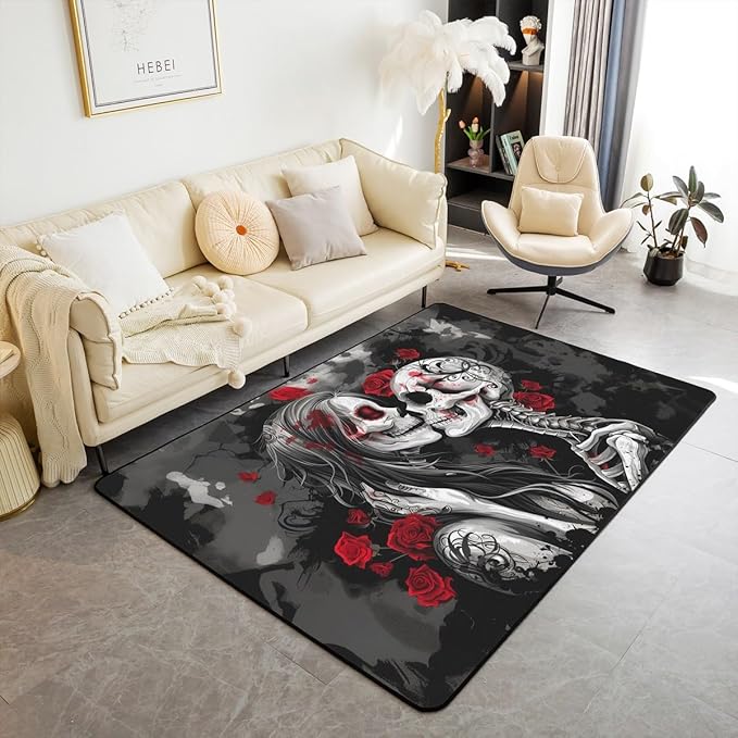 Erosebridal Gothic Skull Couple Area Rug 3x5 Red Rose Skeleton Bones Living Room Rug Non Slip Sugar Skull Carpet for Bedroom Kitchen Goth Halloween Indoor Floor Mat Non Slip - sugar skull area rug
