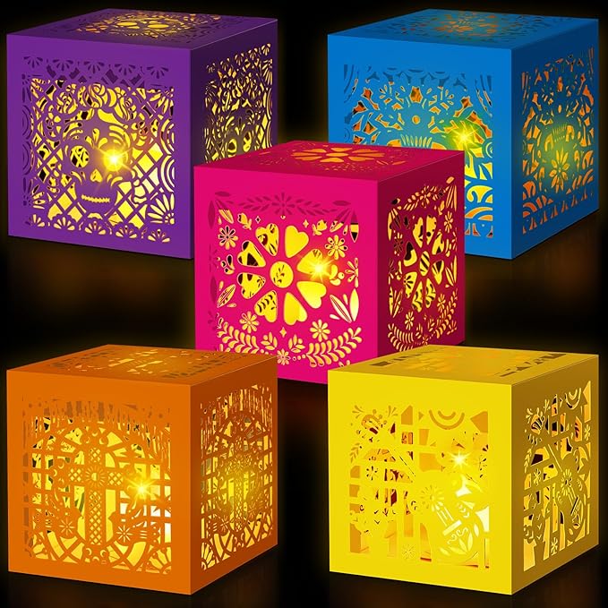 Pasimy 30 Pcs Day of The Dead Decorations Sugar Skull Candle Holder Boxes Decorative Hollowed Paper Boxes Luminary Bags for Halloween Dia De Los Muertos Party Decor Supplies, 5 Styles (Light,Retro) - sugar skull candle holder