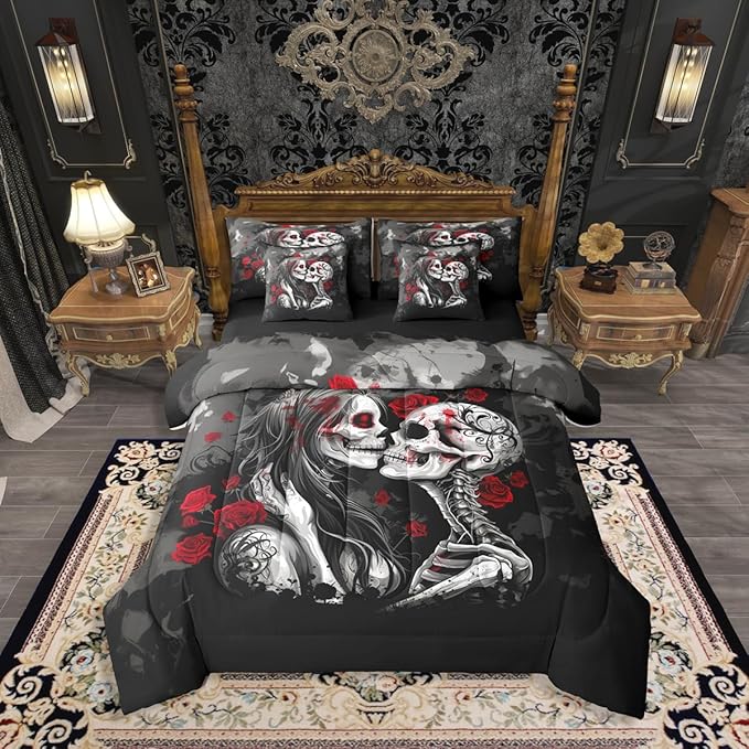 Erosebridal Gothic Skull Couple King Comforter Set with Sheets 7 Piece Red Rose Skeleton Bones Bed in A Bag Sugar Skull Bedding Sets for Kids Adults,Goth Halloween Bed Set - sugar skull bedding set