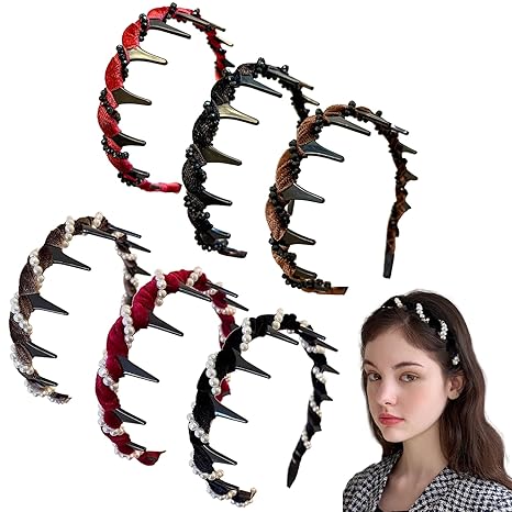 6Pcs Headbands with Teeth for Women, Retro High Skull Pearl Headbands, Non Slip Wearable Both Ways Create Volume Effortlessly For Party Wedding Home Hairband (6 PC, one size) - sugar skull flower crown