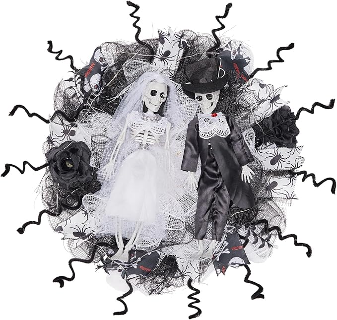 17-23.5 Inch Halloween Wreath for Front Door with Lights, Skeleton Bride & Groom Skulls Black Roses Scary Halloween Decoration Spooky Outdoor Indoor Wall Porch Lawn Window Garden Fall Home Party Decor - sugar skull wreath for front door