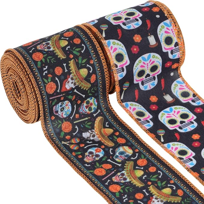 Day of The Dead Sugar Skull Ribbon 2.5" Mexican Burlap Wired Edge 2 Rolls 10 Yards Dia de Los Muertos Halloween Wreath Bow Making Decorations - sugar skull wreath for front door