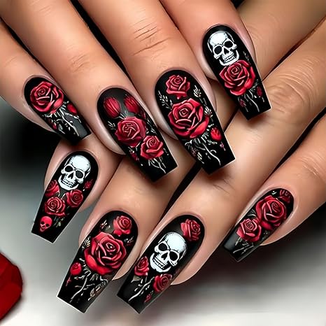 Halloween Press on Nails Coffin Shaped Fake Nails Black Medium Acrylic Glue on Nail Floral Gloss False Nails with Red Rose Skull Designs Horror Artificial Stick on Nail for Women Girls 24PCS - sugar skull nail art