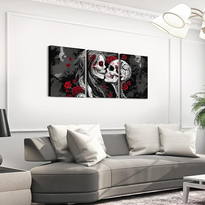 Erosebridal Gothic Skull Couple Canvas Wall Art set of 3 Red Rose Skeleton Bones Pictures Wall Decor Framed Sugar Skull Posters Prints,Goth Halloween Paintings For Bedroom 12"X16" - sugar skull poster print