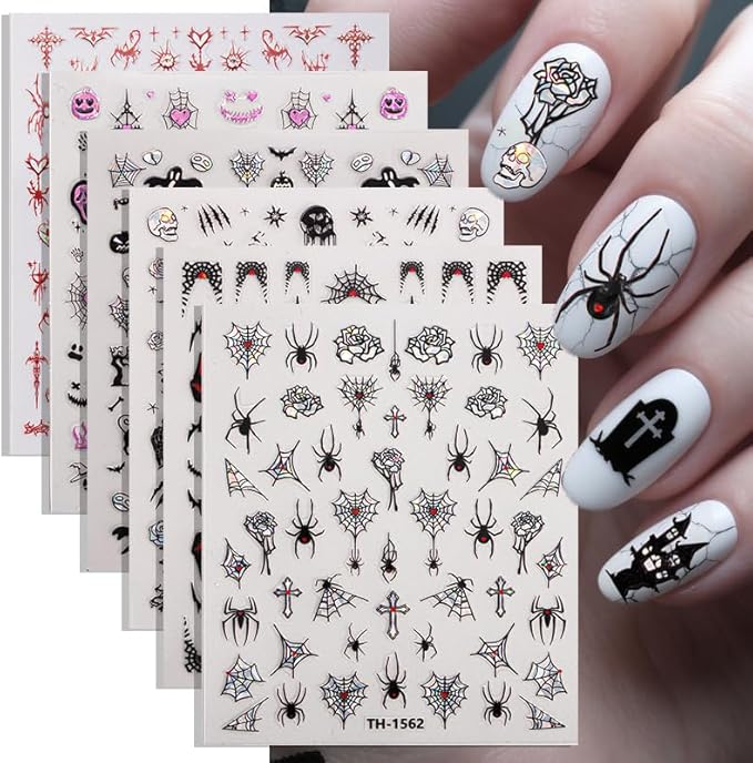 6Sheet Halloween Nail Stickers Horror Spider Web Cross Nail Art Stickers Black Cat Pumpkin Wet Nail Decals Cute Skull Rose Heart Nails Supplies Star Fire Skeleton Sticker for Manicure Decor - sugar skull nail art