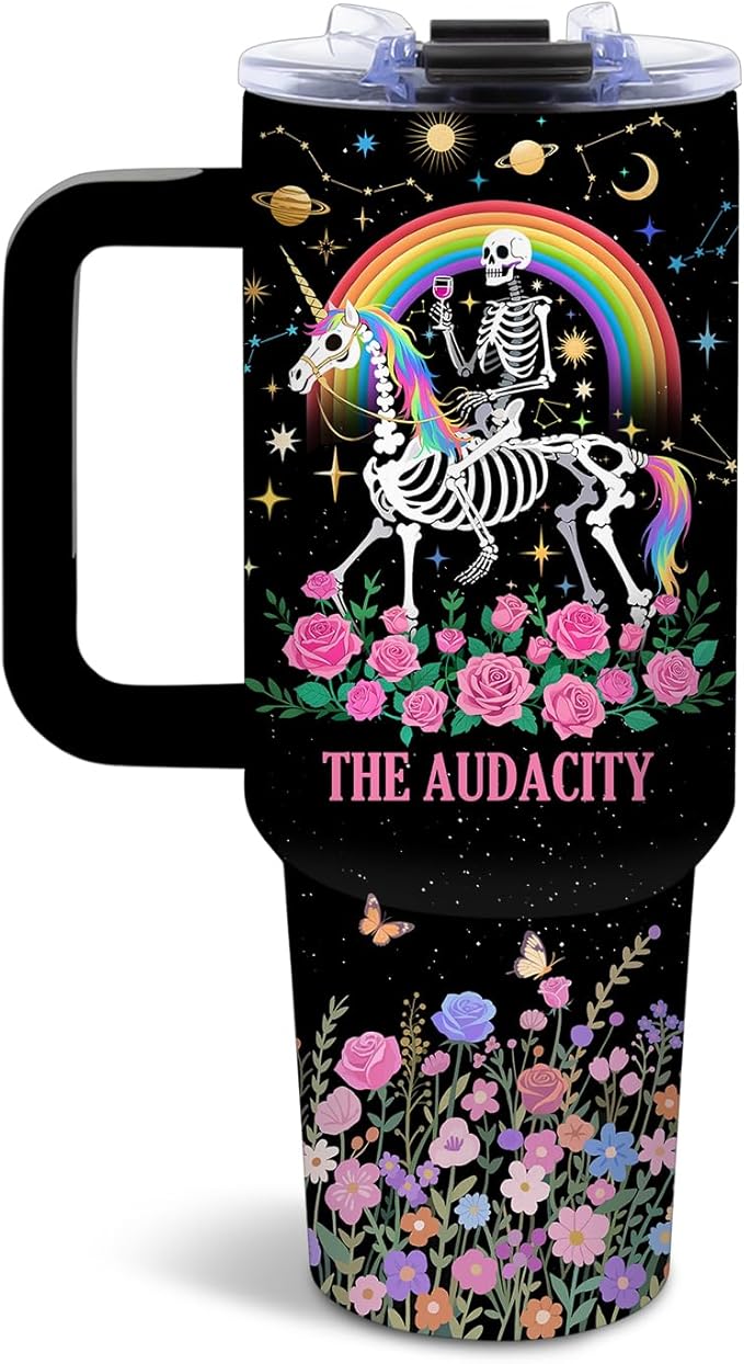 DUUV 40 Oz Funny Skull Tumbler, Funny Witchy Gifts for Women Tarot Lovers, Ghost Design Mug, the Audacity Skull Tumbler for Christmas Gifts for Daughter Girlfriend, Skeleton Cup Black, 1PCS - sugar skull tumbler with straw