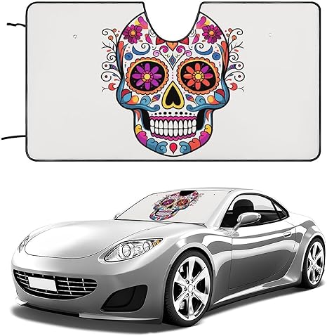 Universal Sugar Skull Car Windshield Sun Shade Foldable 51"x28", Reflective Sunshade with Suction Cups, UV Blocking Front Window Cover for Truck SUV Sedan, Keeps Vehicle Interior Cool - sugar skull car sunshade for windshield