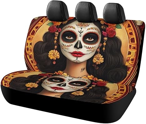 Car Seat Cover for Back Seat, Auto Rear Bench Covers, Mexican Sugar Skull Flower Women Day of The Dead Art Bench Seats Protector Car Interior Decor Universal Fit - sugar skull car pet seat cover