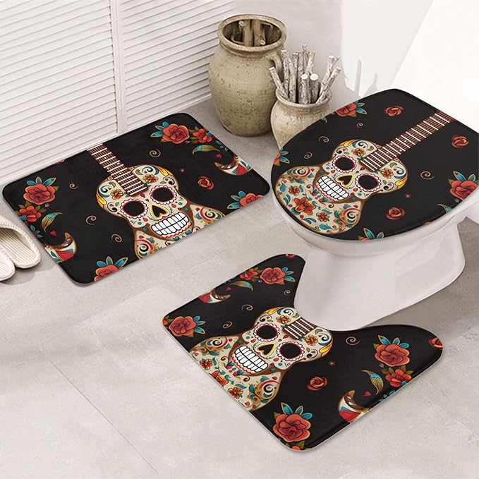 Bathroom Rugs Sets 3Piece Bath Mat Ultra Absorbent Non-Slip Bath Rugs Guitar Pepper Sugar Skull Floor Mats Soft Shower Rug U-Shaped Contour Toilet Rug Toilet Lid Cover for Tub Shower - sugar skull floor mat