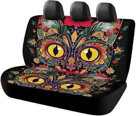 Car Seat Covers for Back Seats, Scratch Proof Auto Bench Seat Covers Day of The Dead Kitty Cat Sugar Skull Rear Bench Protector Auto Accessories - sugar skull car pet seat cover