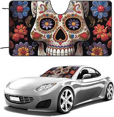 Universal Sugar Skulls Car Windshield Sun Shade Foldable Windshield Cover Sunshade for Truck SUV with Suction Cups, Reflective Sun Visor Automotive Windshield Sunshades 51X28 - sugar skull car sunshade for windshield