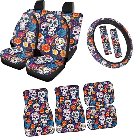 Sugar Skull Car Seat Covers Full Set with Steering Wheel Cover,Black Floor Mats,Floral Seat Belt Cover Vehicle Protector Sets Unverisal Car Interior Accessories Fit SUV Truck Set of 11 - sugar skull car seat covers set