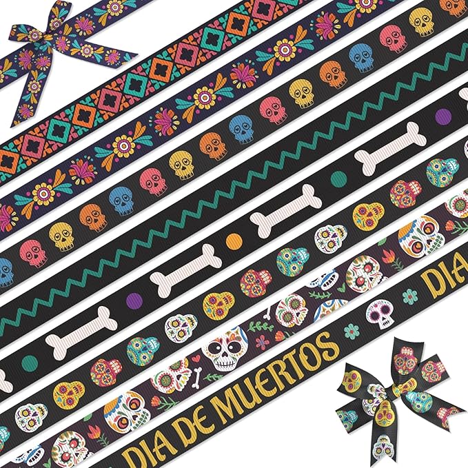 YKW Day of The Dead Ribbon 8 Pack - 24 Yards Dia de Muertos Ribbons Set, 3/8 Inch Sugar Skull Grosgrain for Crafts Halloween Mexican Cultural Celebration Decorations - sugar skull wreath for front door