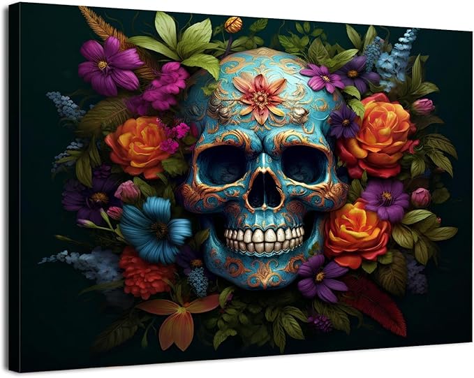 Skull Wall Art Halloween Wall Decor Teal Skeleton Pictures Flowers Canvas Prints Mexican Day of the Dead Painting Poster Dark Academia Moody Artwork for Living Room Bathroom Home Decorations 12x16" - sugar skull canvas wall art