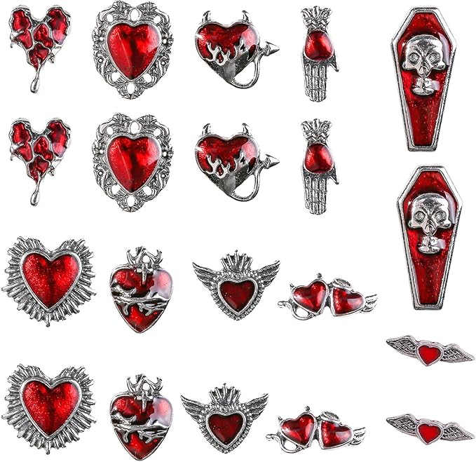 20 Pcs Halloween Nail Charms 3D Alloy Red Nail Art Rhinestones Heart Devil Hand Skull with Gem Nail Jewelry for Acrylic Nails Women DIY Manicure Crafts Accessories Decorations - sugar skull nail art