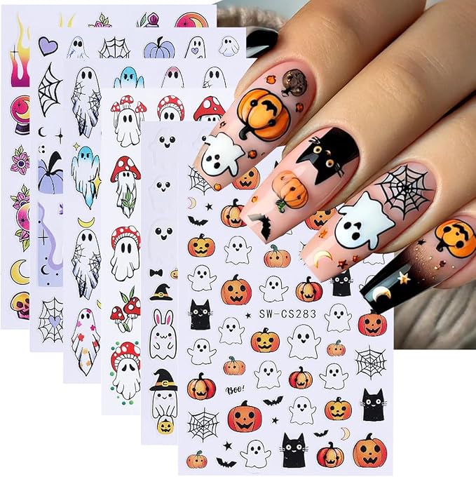 Halloween Nail Stickers for Nail Art 3D Cute Ghost Pumpkin Halloween Nail Decals Nail Art Supplies 6PCS Ghost Skull Black Cat Flame Pumpkin Nails Design Manicure Stickers for Nails DIY Decoration - sugar skull nail art