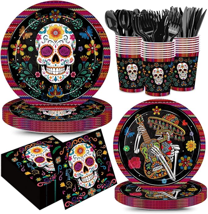 168pcs Day of the Dead Plates Napkins Mexican Dia de Los Muertos Party Supplies Sugar Skull Tableware Set Disposable Paper Cups Black Forks for Day of the Dead Party Decorations Serve 24 - sugar skull plates set
