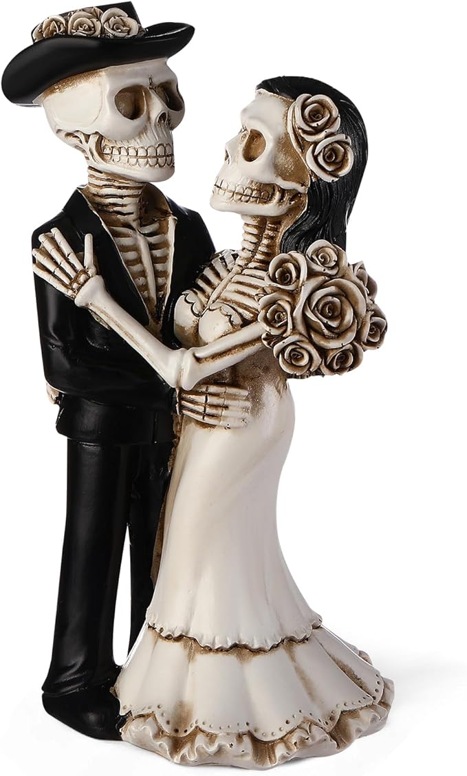 LemonRoad Day-of-The-Dead Couple Skeleton Decor Bride and Groom Skeleton Dia De Los Muertos Figurines Day of The Dead Decorations Halloween Gothic Wedding Cake Topper Decor(Standing) - sugar skull figurine collectible