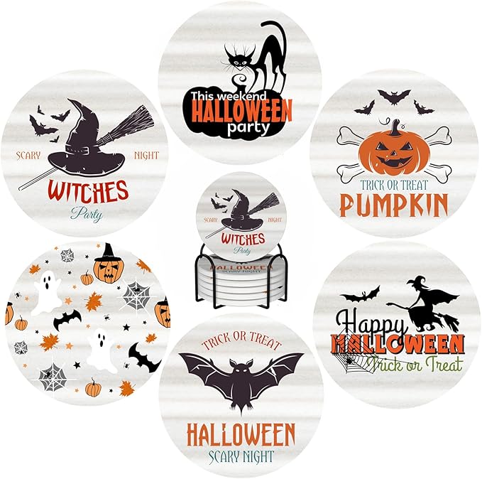 6 PCS Halloween Coasters with Metal Holder and Cork Base Ceramic Drink Coasters Absorbent Cup Mat Non-Slip for Home Kitchen Office Table Decor, 4 Inch Halloween 1 - sugar skull coasters set