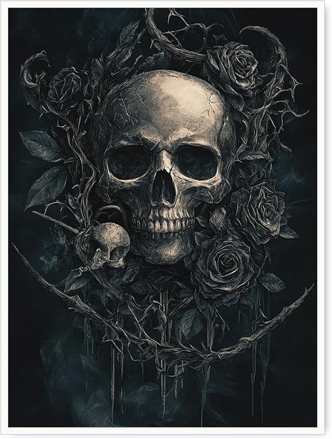 Dark Skull and Rose Wall Art – Gothic Floral Skull Canvas Print with Thorns and Vines, Moody Black Aesthetic Poster for Bedroom or Occult Wall Decor 12x16in Unframed - sugar skull poster print