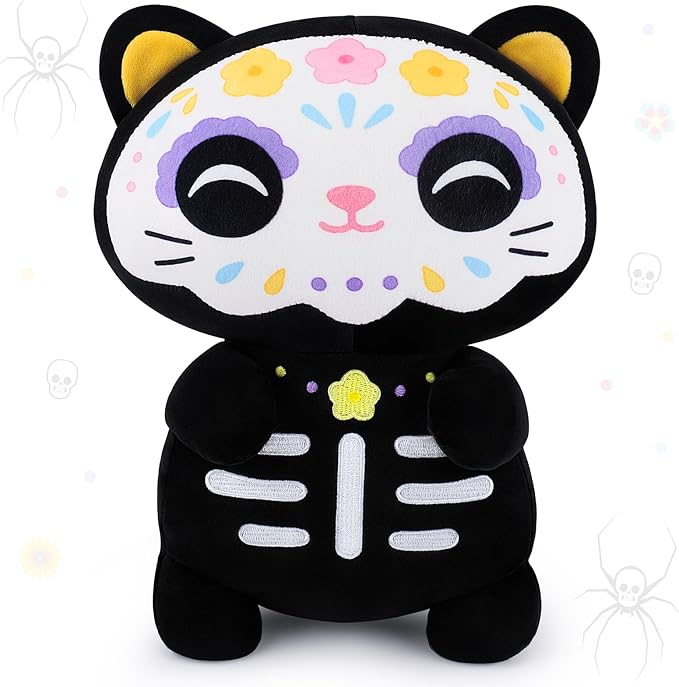 Achwishap Black Cat Stuffed Animal-14” Day of The Dead Cat Plush,Soft Cats Plush Toys Halloween & Día de Los Muertos Gifts for Kids,Cute Kitten Plushies,Kawaii Stuffed Pillow,Animal Pillow for Adults - sugar skull throw pillow
