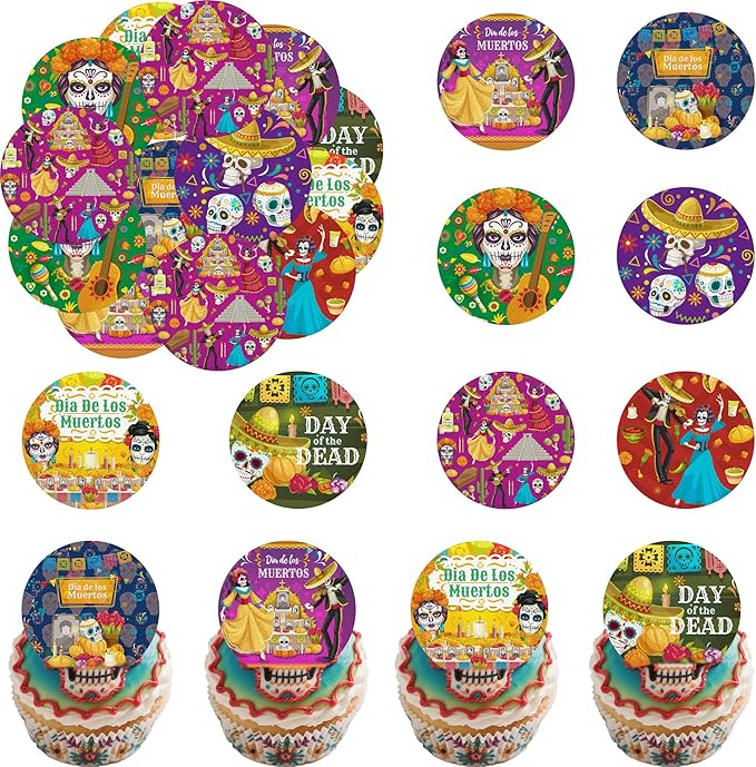 36PCS Edible Dia De Los Muertos Cupcake Toppers Wafer Paper Day of The Dead Cupcake Picks Skeleton Sugar Skul Cupcake Toppers for Mexican Fiesta Theme Party Decor Supplies (Dia De Los 2) - sugar skull plates set