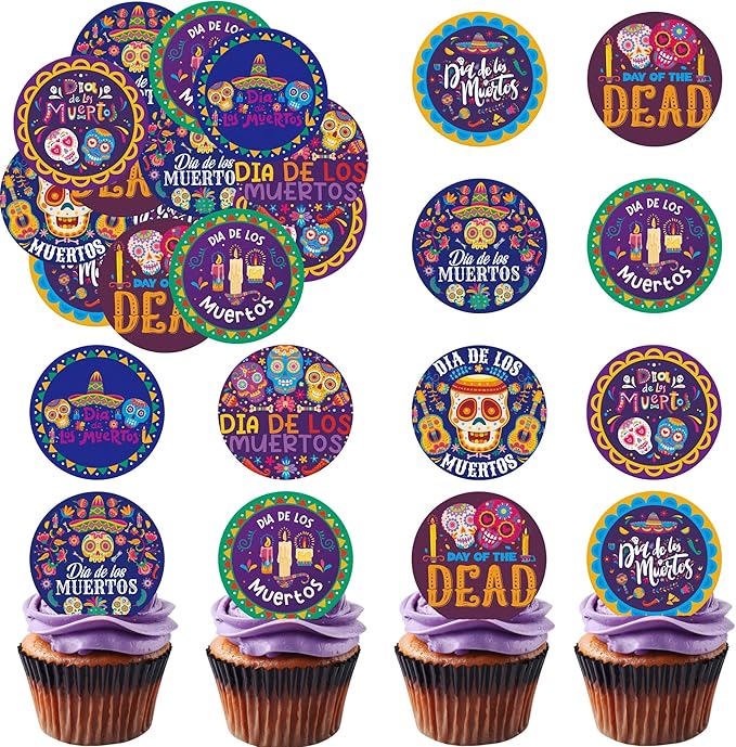 36PCS Edible Dia De Los Muertos Cupcake Toppers Wafer Paper Day of The Dead Cupcake Picks Skeleton Sugar Skul Cupcake Toppers for Mexican Fiesta Theme Party Decor Supplies (Dia De Los) - sugar skull coffee cup
