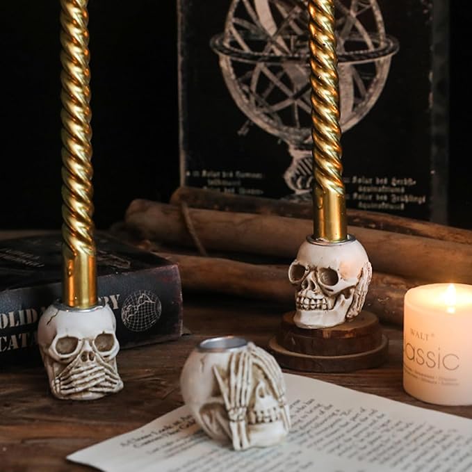 3 Pcs Halloween Skull Candle Holder,Gothic Mini Resin Decor,No Look Listen Speak Evil Design for Table Centerpieces Fireplace Home Bar Spooky Dinner Party - sugar skull candle holder