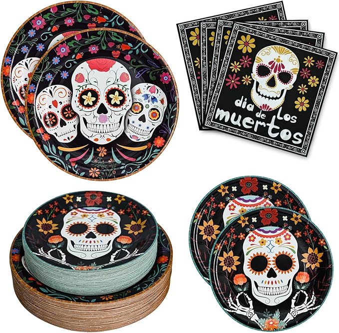 180Pcs Day of the Dead Party Plates and Napkins Set,Sugar Skull Tableware Decors Mexican Fiesta Theme Party Decorations for Day of The Dead Halloween Birthday Party Supplies,Serve 60 Guests - sugar skull plates set
