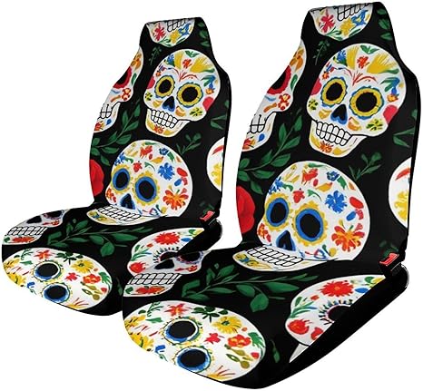 Car Seat Covers 2pcs Waterproof Car Seat Cover Universal Fit for Most Trucks SUV Fitness Athletes Pets Gym and Water Sport (Mexican Day Dead Rose Sugar Skulls) - sugar skull car pet seat cover