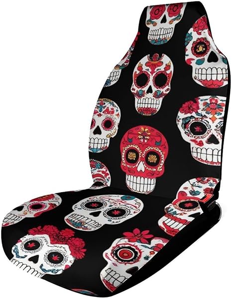 Universal Day Dead Floral Rose Sugar Skull Car Seat Covers Waterproof Bucket Seat Cover Fit for Car, Truck, SUV, Sedans, Sporty Design - sugar skull car seat covers set