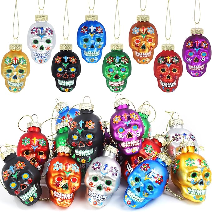 14pcs Day of The Dead Skull Glass Ornaments Colofur Sugar Skulls Glass Ornaments Shatterproof Hanging Skull Set for Small Halloween Tree, Dia De Los Muertos Indoor Home Decoration - sugar skull christmas ornament