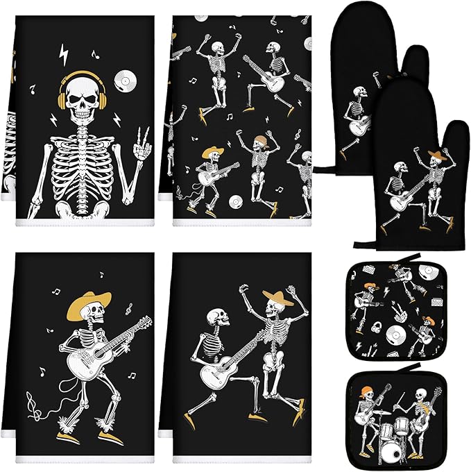 Leinuosen 6 Pcs Gothic Christmas Kitchen Decor Set, Skull Kitchen Dish Towels Spooky Christmas Oven Mitts and Pot Holders Set for Horror Creepy Xmas Party Decor Gifts(Modern Color,Stylish) - sugar skull oven mitts